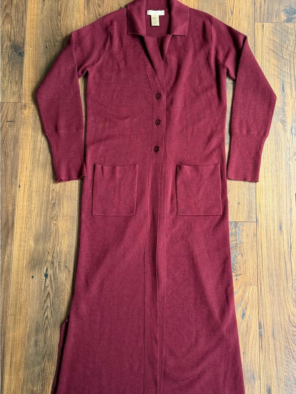 Vintage Cotton Ginny Wool-Blend Burgundy Button-Front Knit Long Cardigan/Duster